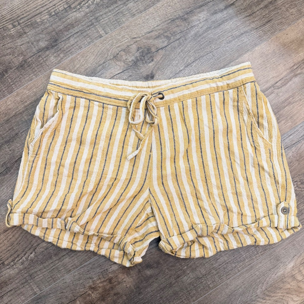 Per Se Women L Gold Striped Linen Blend Drawstring Cuffed Shorts Beach Coastal